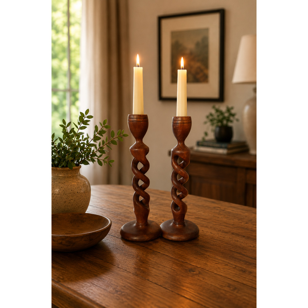 Vintage MCM Wooden Candle Holders Signed D H Kauffman 1971